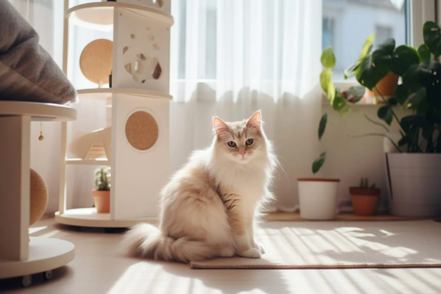 A fluffy cream-colored cat sitting on a sunny floor beside potted plants and a cat tree